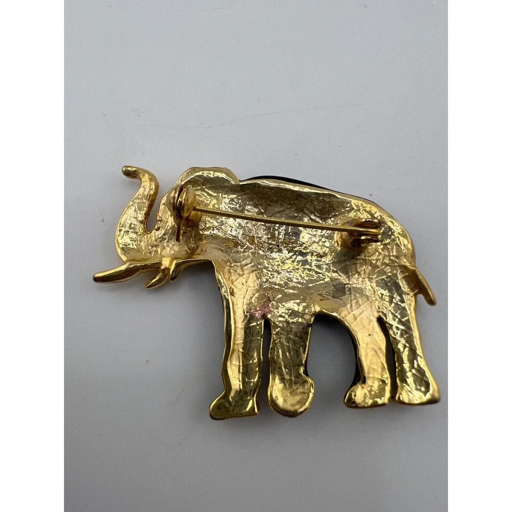 Vintage Jet Black Matte‎ Enamel Rhinestone & Gold Tone Metal Elephant Brooch 90s